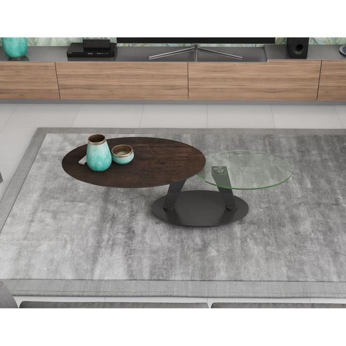 Table basse 2 plateaux pivotants ovales - céramique acier et verre - L95 x P60 x H43 cm