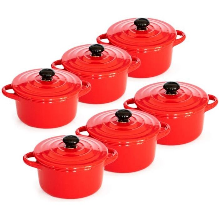 Lot de 6 Minis cocottes double poignées avec couvercle - Rouge