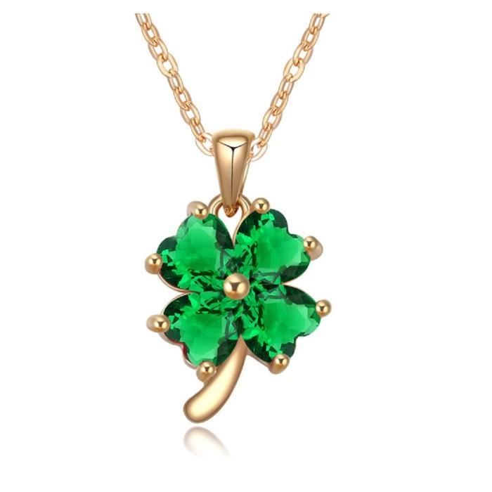 Collier trèfle à quatre feuilles 18 carats plaqué or jaune avec cristaux vert imitation émeraude en zircone