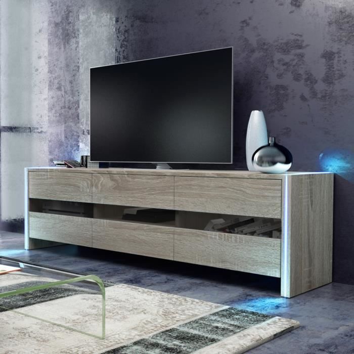Meuble tv / Meuble de salon - INCHEL - 139 cm - effet chêne - portes vitrées - avec LED - style moderne