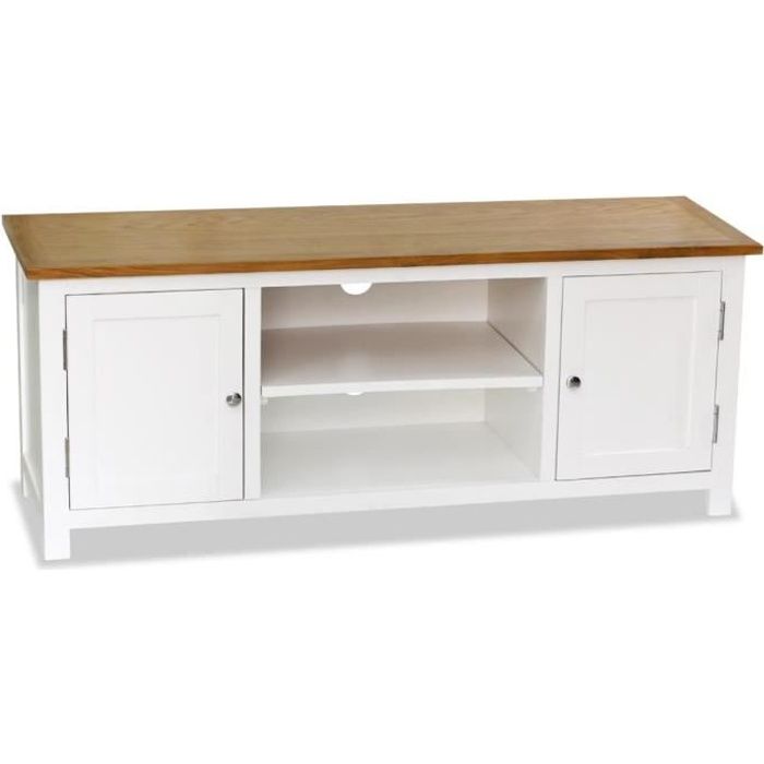Meuble TV Moderne - Bois de chêne Massif - Décor blanc et marron - Meuble de Rangement - 120 x 35 x 48 cm