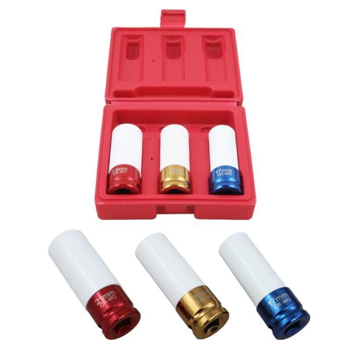 VINGO Jeu de clés à douille avec manchons de protection, écrou de jante en aluminium 3 pièces écrous de clé à chocs, 17/19/21 mm