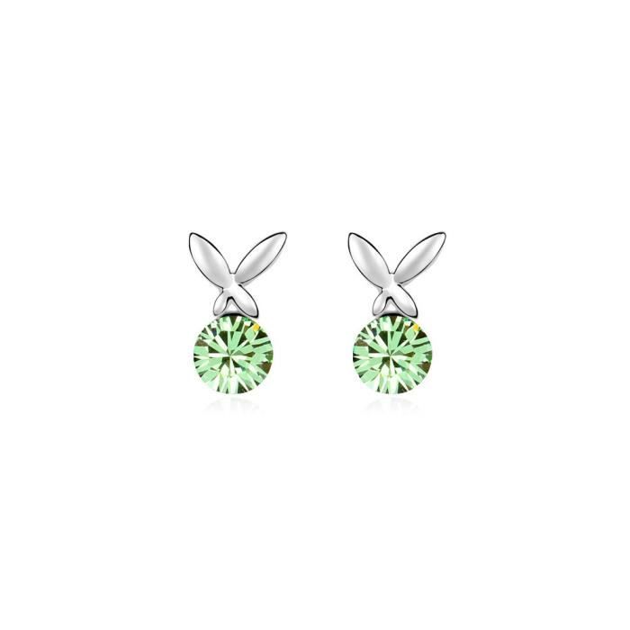 Boucles d'oreilles Papillon en Cristal de Swarovski Element Vert et Plaqué Or Blanc