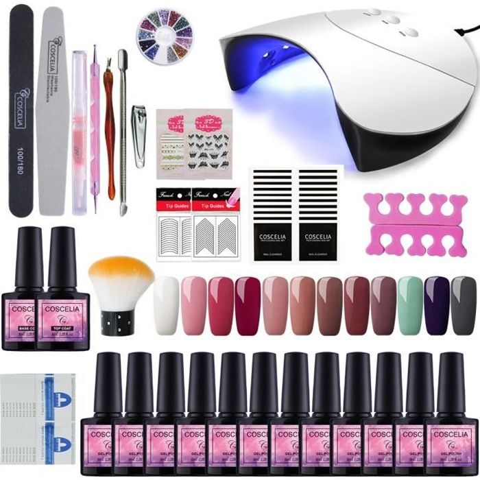 COSCELIA Kit Manucure Vernis Semi Permanent - 12 Pcs Gel Nail Polish 36W Lampe UV LED Base coat Topcoat Outil Manucure Complet Kit