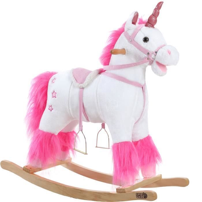Licorne à bascule, animal avec étriers, selle et fonction sonore, jeu de bascule pour enfant