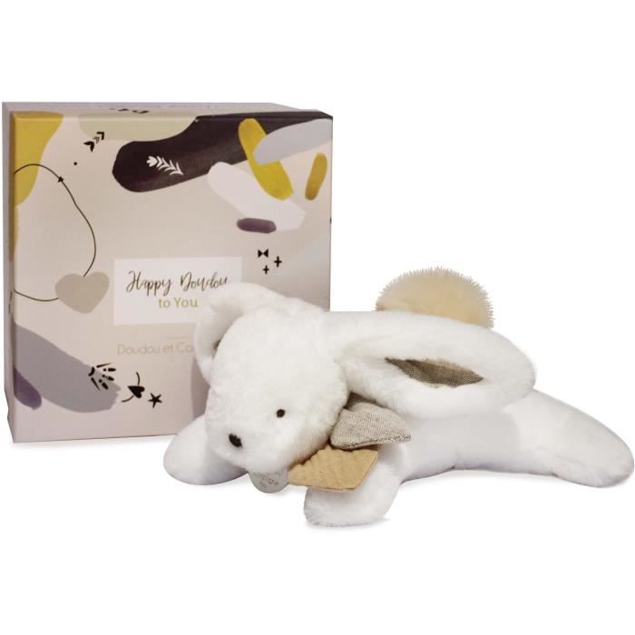 Doudou et Compagnie - Peluche Lapin -25 cm - Blanc/Sable - Lapin Pompon Naturel - Boîte Cadeau - Happy Wild - Happy Doudou To You