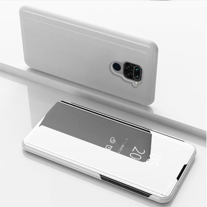 Coque Xiaomi Redmi Note 9, Clear View Étui à Rabat Translucide Standing Support Miroir Antichoc Portable Housse - Argenté