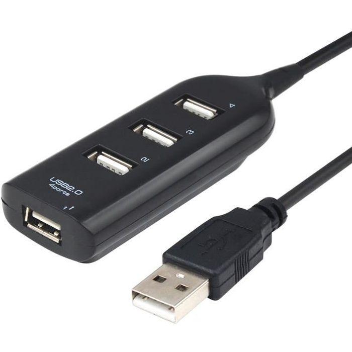 TRIXES Câble d'extension et répartiteur -multi hub- 4 ports USB compact pour ordinateurs - noir