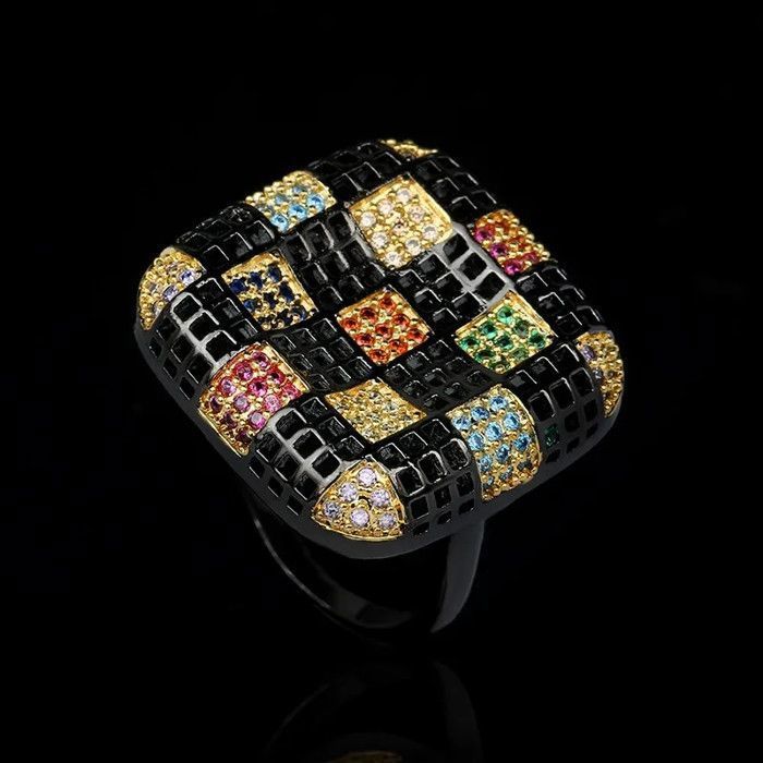 Bague En Argent 925 Massif Noir Avec Pierres Multicolores (Topaze, Grenat) - Neuf Sans Emballage