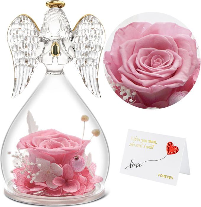 Rose éternelle Sous Dôme Avec Figurine Ange - Cadeau Femme Pour Maman, Amie, Anniversaire, Saint-Valentin