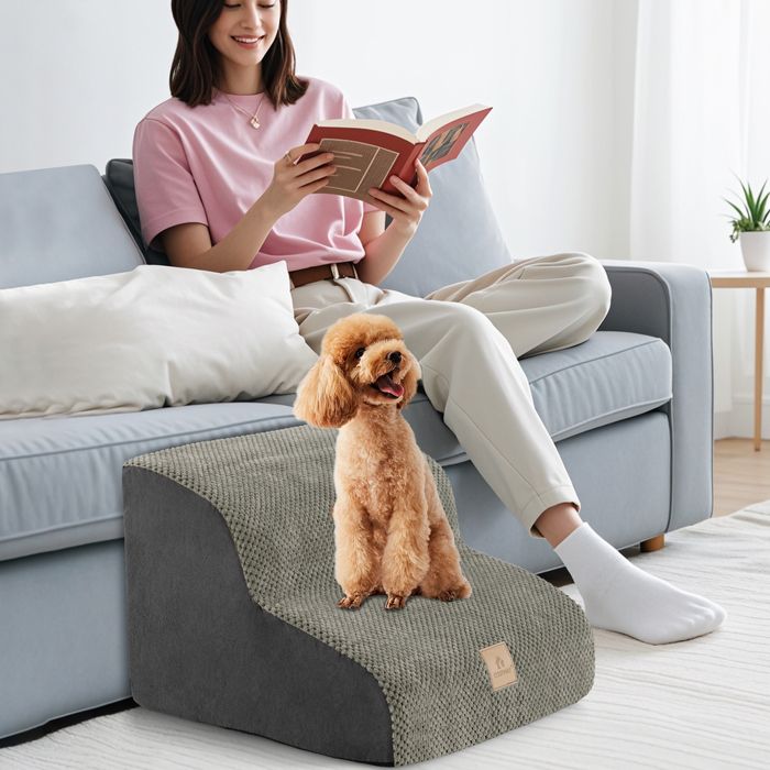 Comparer les prix de GOPLUS Escalier pour Chiens à 2 Marches, Rampe pour Animaux Domestiques en Mousse avec Housse Amovible et 1 Brosse à Poils, Gris