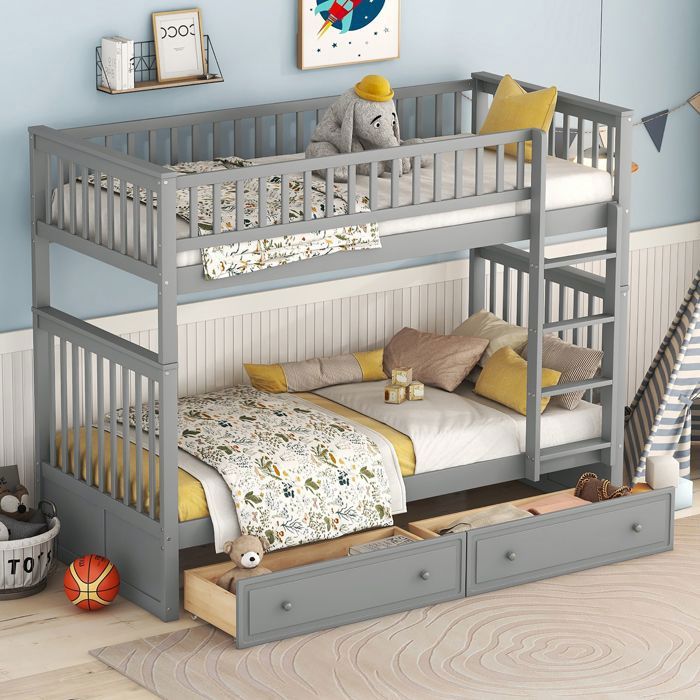 Lit superposé enfant fonctionnels avec tiroirs - Transformable en 2 lits - Gris - 90x200cm - A lattes - Bois massif