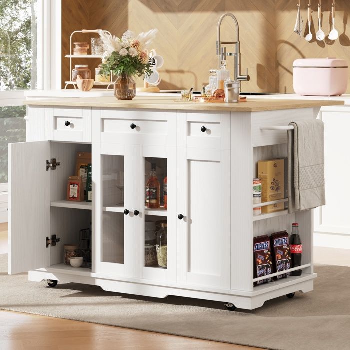 Chariot de Service Îlot de Cuisine avec 4 Portes 3 TiroirsPlan de Travail PliableRoulettesDesserte Cuisine Armoire Buffet Blanc