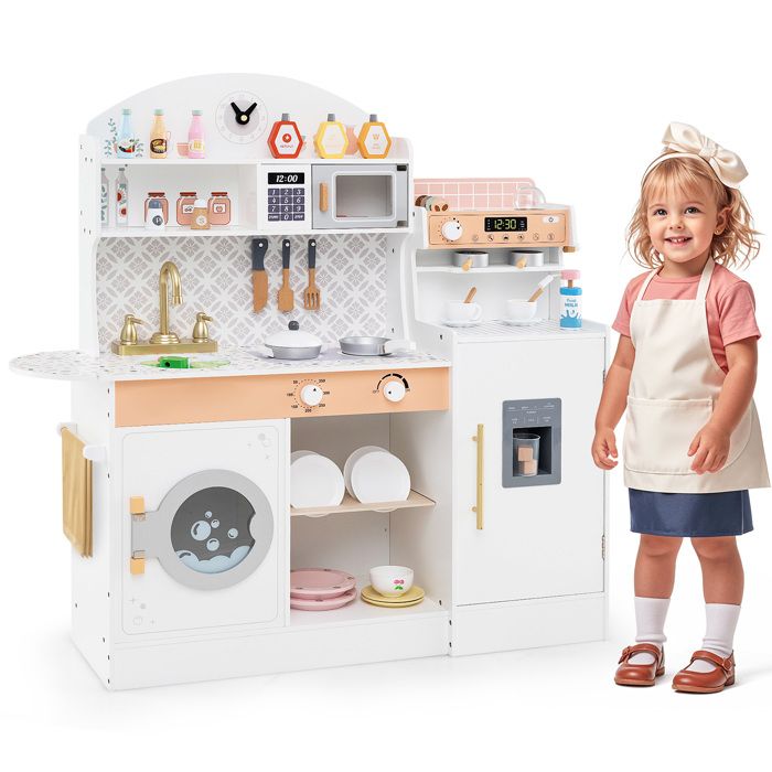 GOPLUS Cuisine Enfant Rose Avec Son – Moulin à Café, Machine à Laver, Accessoires – 70x30x88 Cm – Dès 3 Ans – Jeu De Rôle Immersif