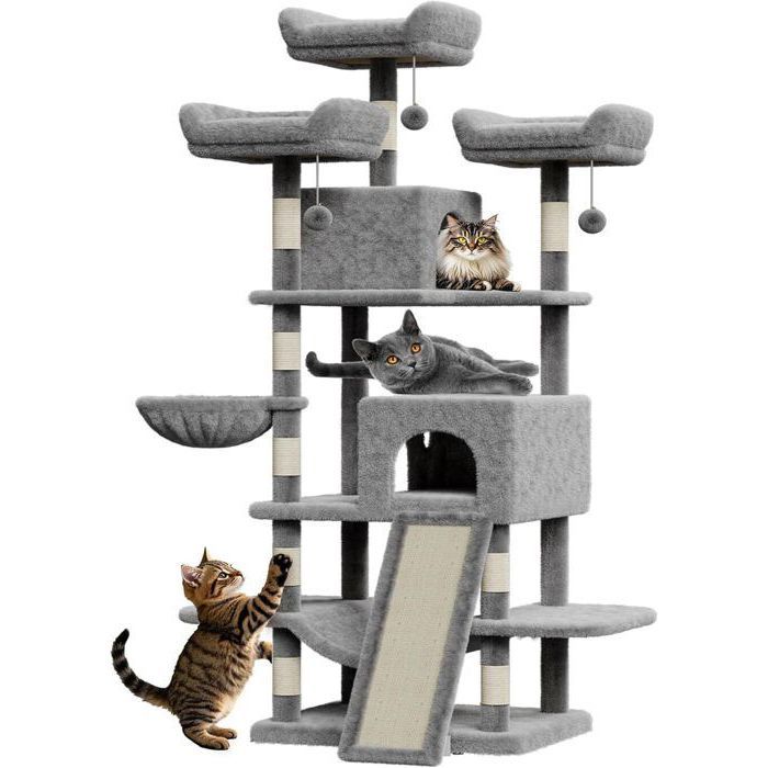 Meilleurs prix pour Arbre à Chat, Grande Tour de Jeux, Hauteur 174 cm, avec 3 Griffoirs, 1 Planche à Griffer, 2Plate-Forme, 2Niches, Panier,Gris