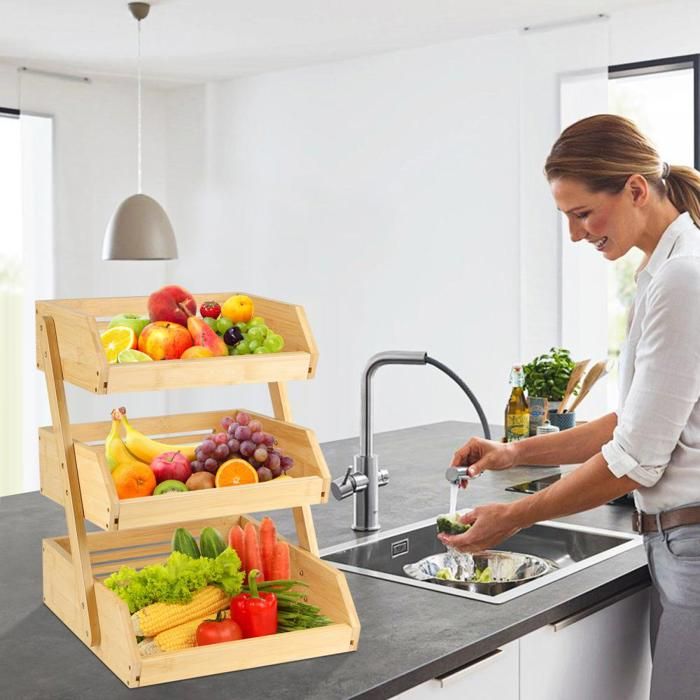 SUPFINE Support de Corbeille à Fruits en Bambou 3 Niveaux Panier Etagère pour Le Rangement des légumes du Pain dans la Cuisine