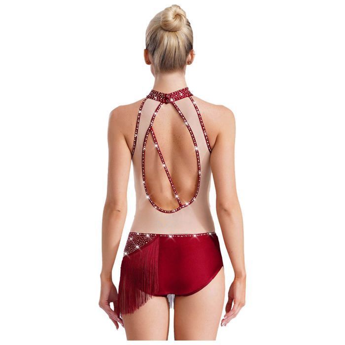 Justaucorps Gymnastique Rythmique Femme à Franges Strass - Body Danse Patinage Blocs De Couleur