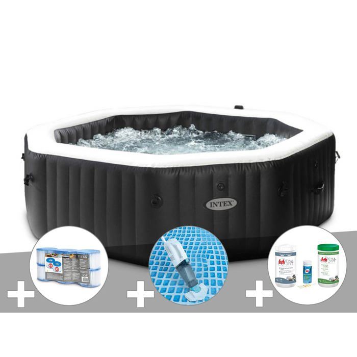 Kit spa gonflable Intex PureSpa Carbone octogonal Bulles et Jets 6 places + 12 filtres + Kit traitement brome + Aspirateur