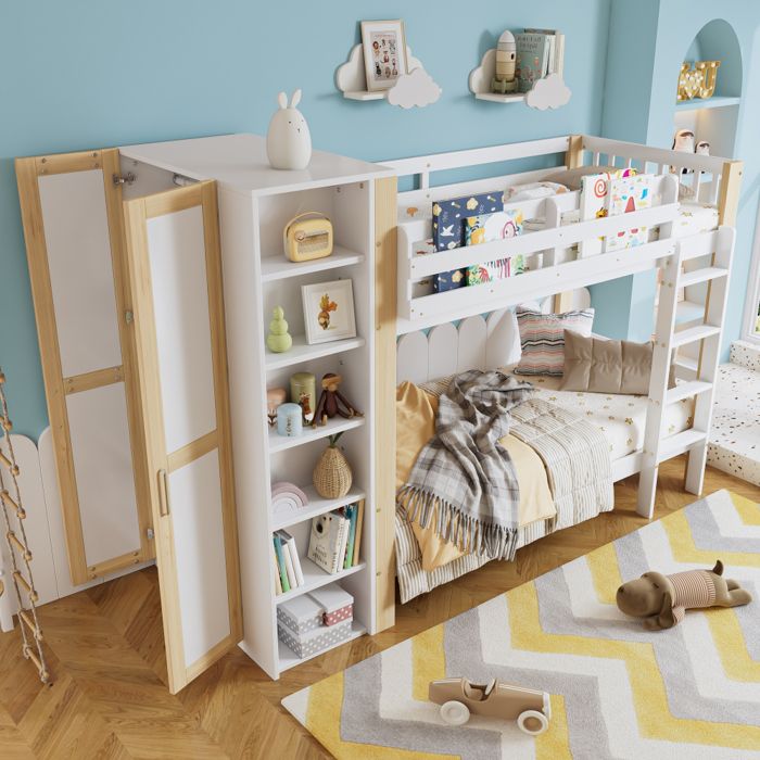 Lit superposé enfants 2 places 90x200cm avec sommier-lit bebe avec grille 6 étagères armoire latérale pine+PB blanc+nature