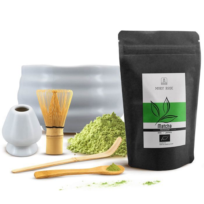 Kit Matcha Bio Premium Thé Japonais 30g - Accessoires Matcha Bol en Céramique Blanc 500ml - Bamboo Chasen Set
