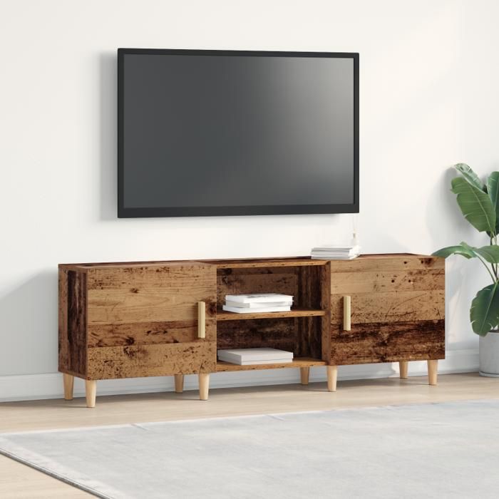 Meuble TV rustique 150 x 30 x 50 cm en panneaux de particules finition vieillie 2 portes et 2 étagères