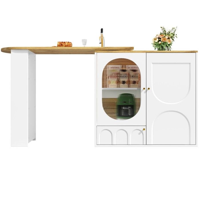Table de bar rotative 360° blanc/naturel - îlot cuisine avec rangement 3 portes étagères amovibles - 138x39x102 cm