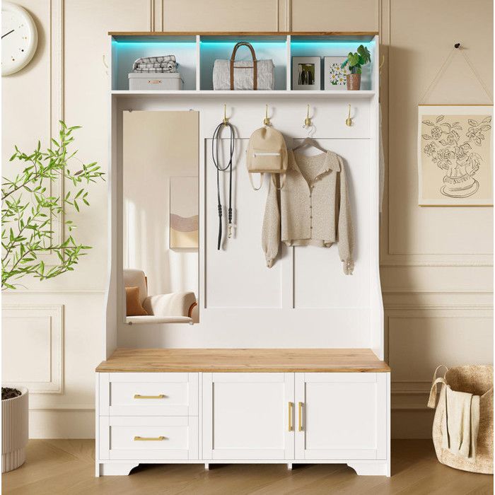 Porte-Manteau avec Banc à Chaussures Vestiaire avec 2 Portes 2 Tiroirs Meuble Dentrée 3 Etagères 4 Crochets et Mirror Blanc