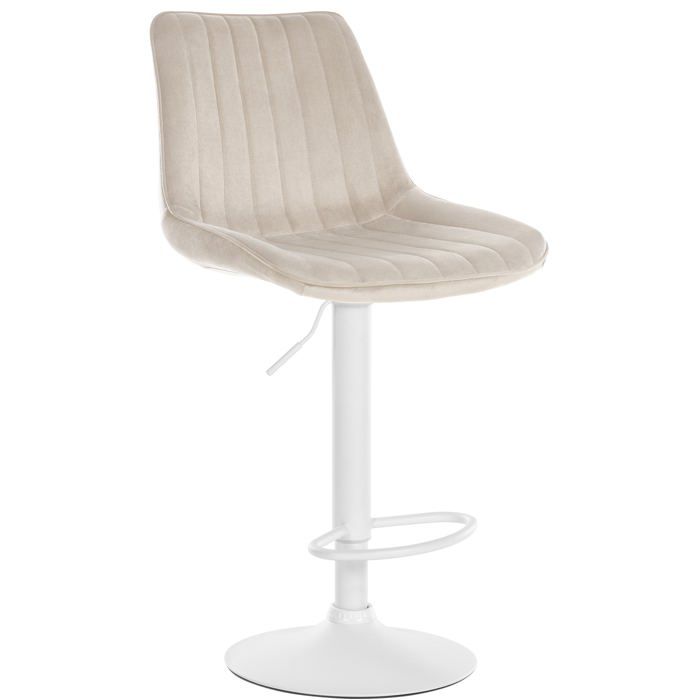 Tabouret de bar x1 reglable en hauteur pivotant a 360° assise en velours creme couture verticale pied metal blanc 10_0005758