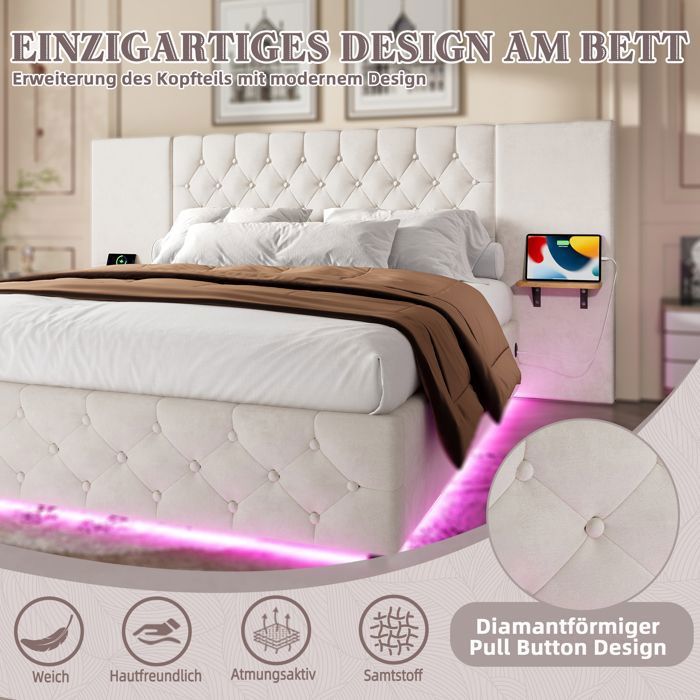 Lit coffre en velours beige 160 x 200 cm avec fonction de rangement O.Ye/LED/Table de chevet murale/Prise USB multiport