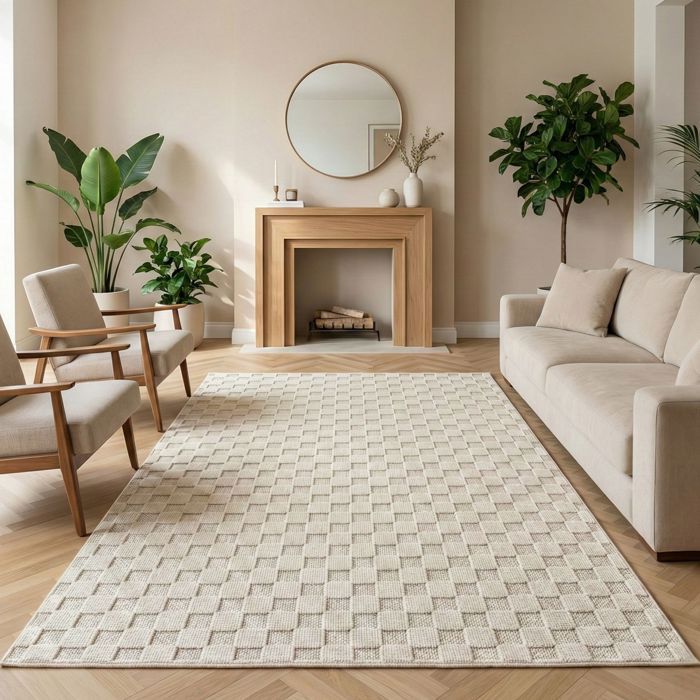 Carpetsale24 Tapis 160x230 cm Crème Design à Carreaux Bouclé Style Scandinave Moderne pour Salon Coin Canapé Salle à Manger Chambre