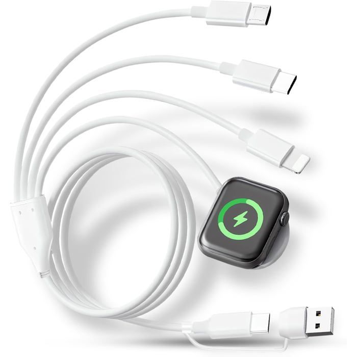CÂBLE RECHARGE MONTRE-4-en-2 Câble Multi Chargeur USB-C/Micro/Lightning  Compatible Apple Watch,iPhone et Android 1,2M