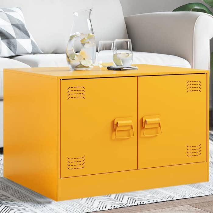 Table basse en acier - VIDAXL - Jaune moutarde - 67x50x44 cm - Capacité 75 kg - 2 portes - 2 poignées en métal