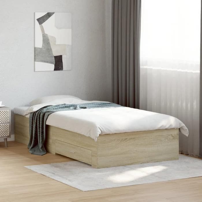 Cadre de lit avec tiroirs - vidaXL - Chêne sonoma - 90x200 cm - Bois dingénierie - Tiroirs de rangement