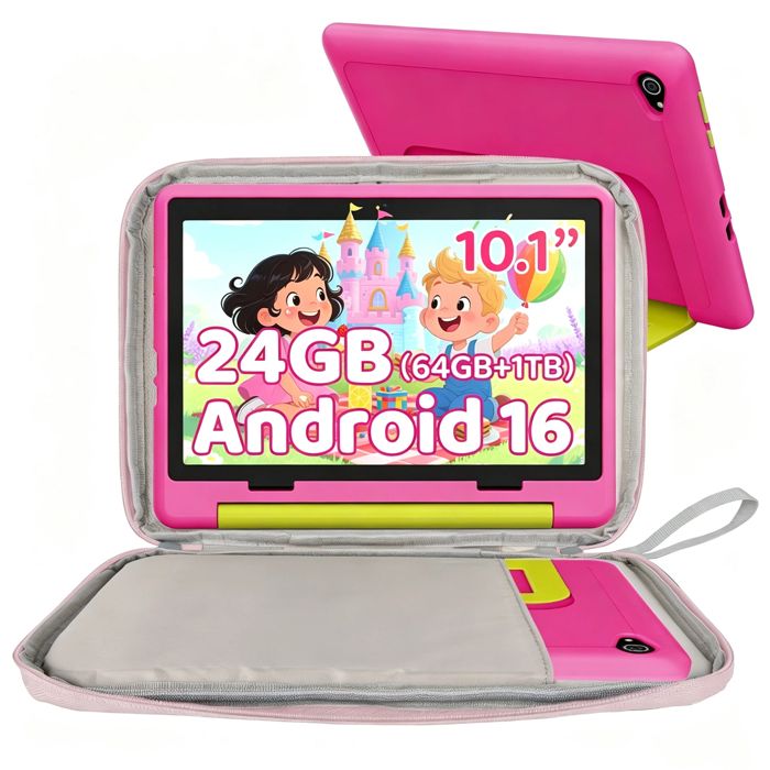 Tablette Enfant 10 Android 15 avec Sac et Étui de protection 20(3+17)Go RAM 64Go ROM Contrôle Parental Double Caméra Rose