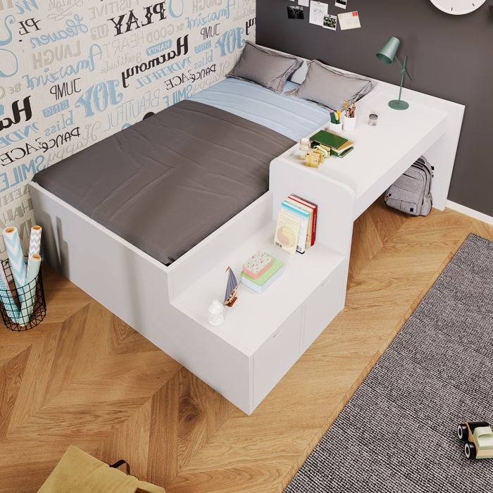 Lit 90x200 cm avec bureau et tiroirs bois massif blanc rangement intégré