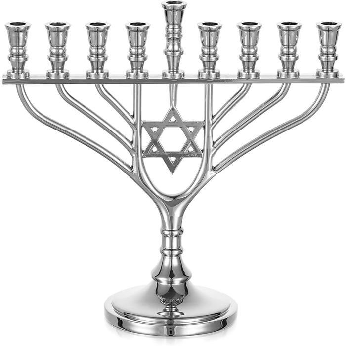 Ménorah Hanoucca Argentée 19 Cm Avec Étoile De David - Hanoukia Traditionnelle En Zinc, Base Anti-dérapante | Pour Table, Décoration, Voyage - 2