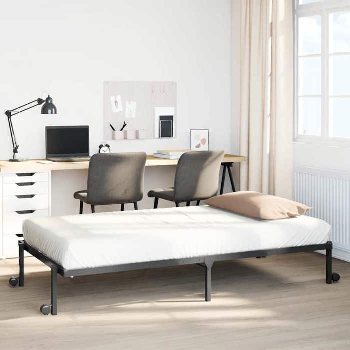 Structure de lit pliable - UU - Noir - Acier - 75x190 cm - Pliable - Sommier à lattes - Pieds en métal - Roues intégrées