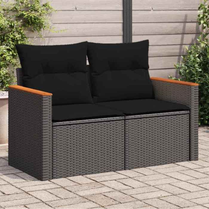 SALE 2026 Canapé de jardin Noir - Canapé de jardin avec coussins 2 places en polyrotin noir PRO587766996