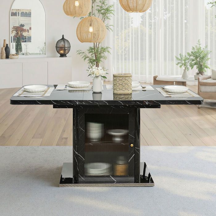 Table à manger Maisentiel extensible 120-160 cm plateau marbre noir meuble de rangement et pieds métal