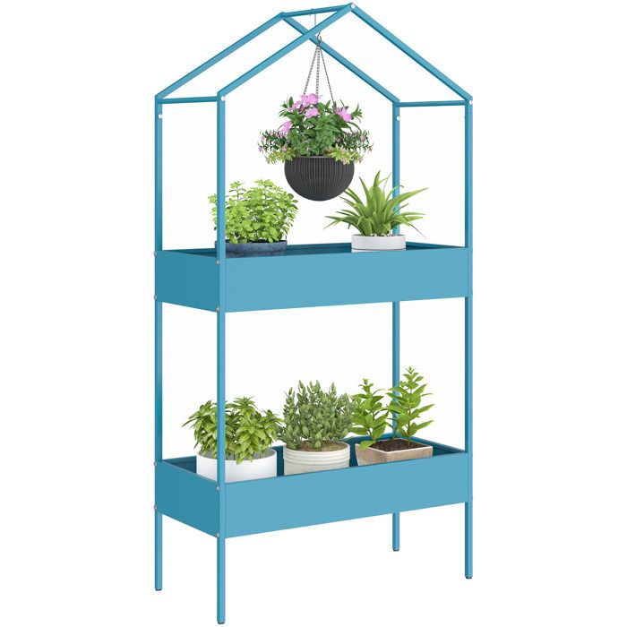 Étagère à Plantes - Outsunny - 2 Niveaux - Support de Plantes en Métal avec Crochet - Forme de Maison - 75x35x150cm - Bleu Vert