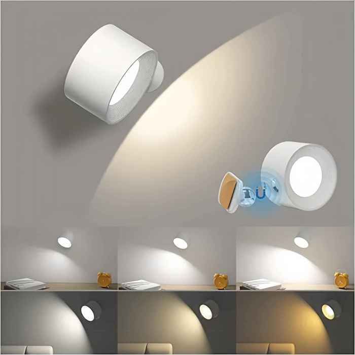 Applique Murale LED Rechargeable 3 Températures de Couleur & Télécommande Lampe de Lecture Sans Fil Design Aimanté 360° - Blanc