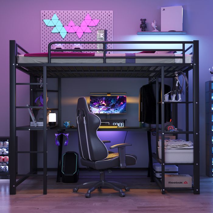 Lit mezzanine en métal 140x200 avec bureau et rangement noir Maisentiel