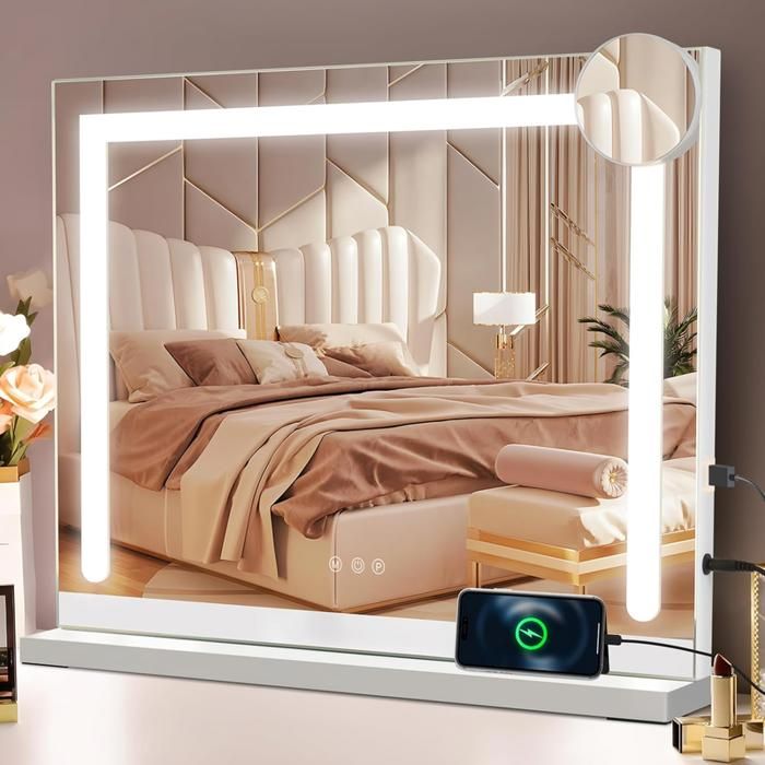 Miroir de coiffeuse - NETTLIFE - 58 x 46 cm - Éclairage LED tactile dimmable - Grossissement x5 - Port USB