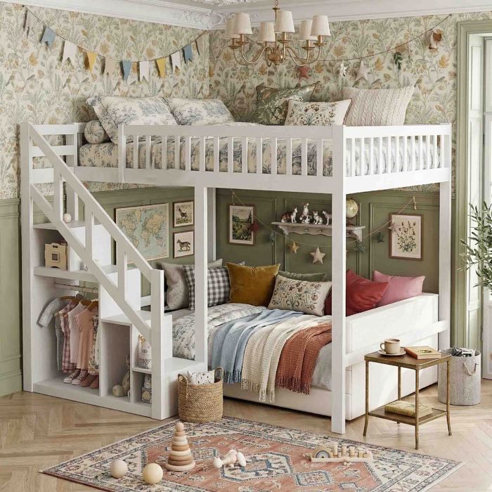Lit Mezzanine 140x200cm - Escalier avec Rangements - Barrière Étoiles - Bois Massif Blanc