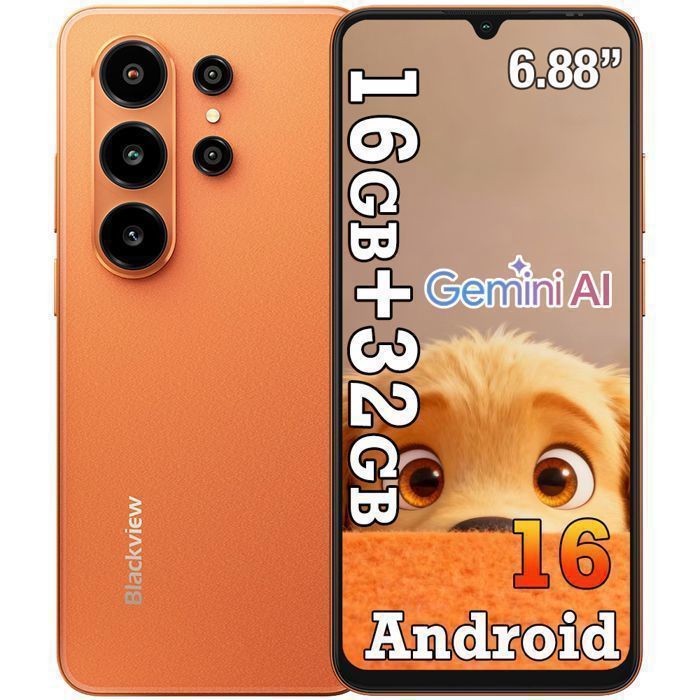 Blackview WAVE 10C Smartphone 6.88 Écran 16Go(4+12) + 32Go/jusquà 1To 5000mAh Android 16 32MP Téléphone 4G Double Sim GPS - Orange