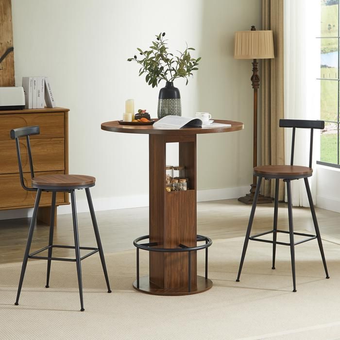 Ensemble de table de bar et tabourets 3 pièces Table a manger ronde de 80 cm et 2 chaise Table avec repose-pieds métallique Noyer