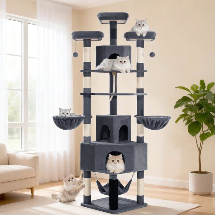 220 cm Arbre à Chat Tour de Jeux pour Chats avec Grande Grotte Poteau de Toilettage Corde Épaisse en Sisal Gris Foncé