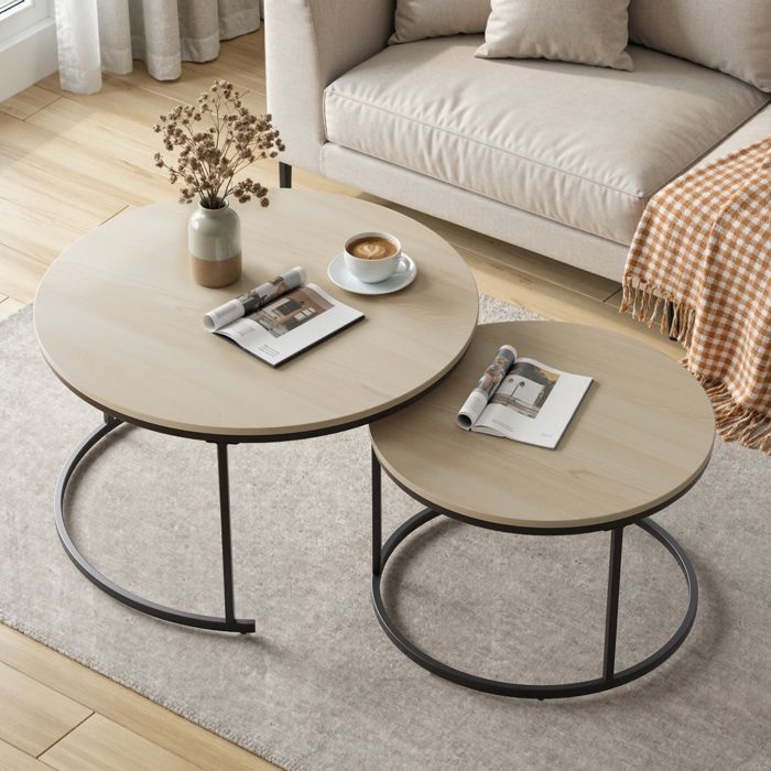 Set de 2 Tables Gigognes Rondes - Tables Basses - Grande -80 x 80 x 45 cm - Petite : 60 x 60 x 40 cm - Blanc Clair