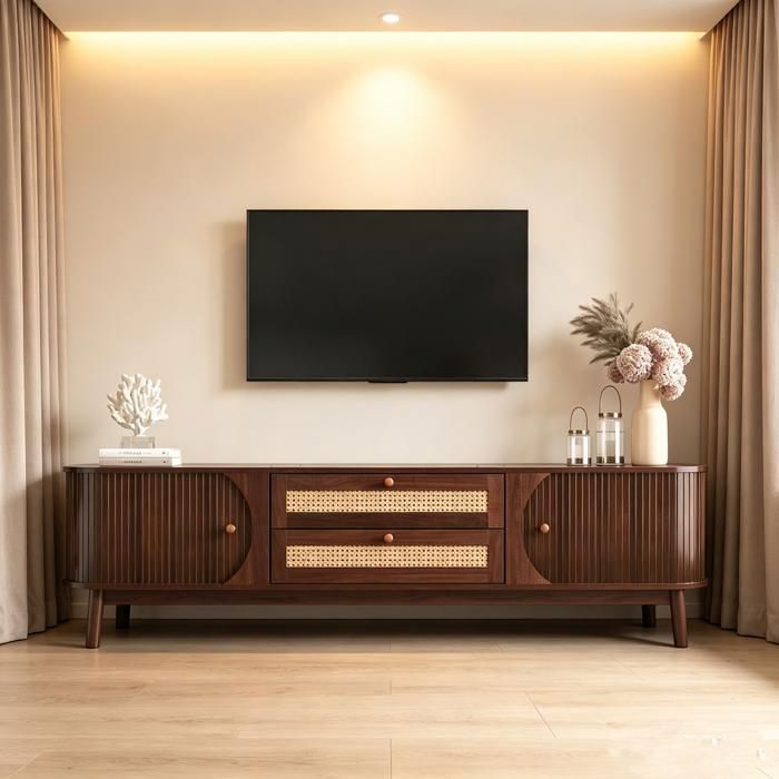 Meuble TV Bois 170cm Massif et Rotin Porte Coulissantes e Tiroirs Banc TV avec Rangement Style Campagne Pieds en Bois Massif