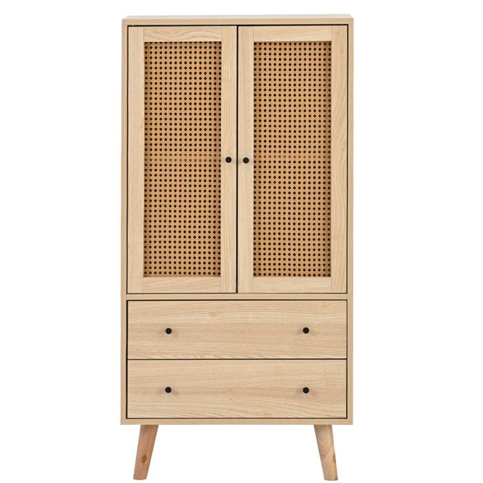 Buffet haut chêne avec rotin PE – 2 portes 2 tiroirs – 60 x 40 x 120 cm
